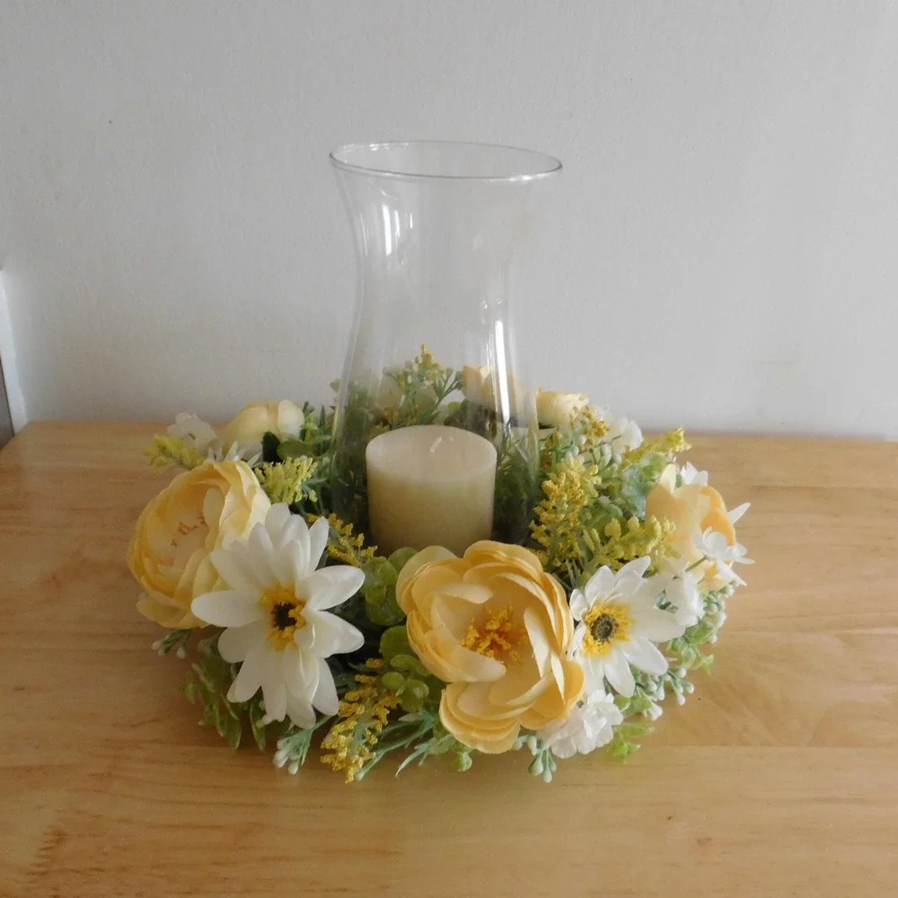Yellow and White Floral Wreath, 11 Inch Candle Ring Centerpiece